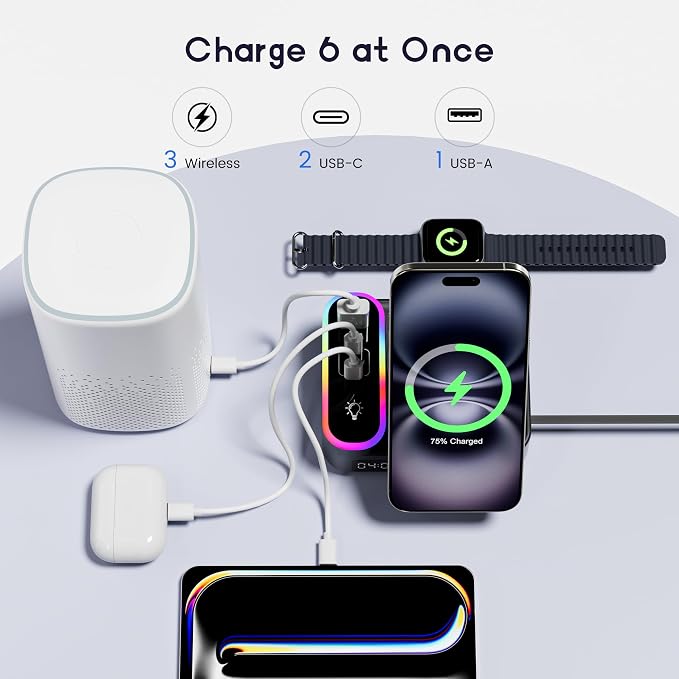 65W 8-in-1 Foldable Wireless Charging Station, 30W USB-C & 15W Magnetic Fast Charging for Apple Magnetic Stand, RGB Light & Clock for iPhone 17-12 Pro Max, Watch, AirPods, iPad for Desk Nightstand