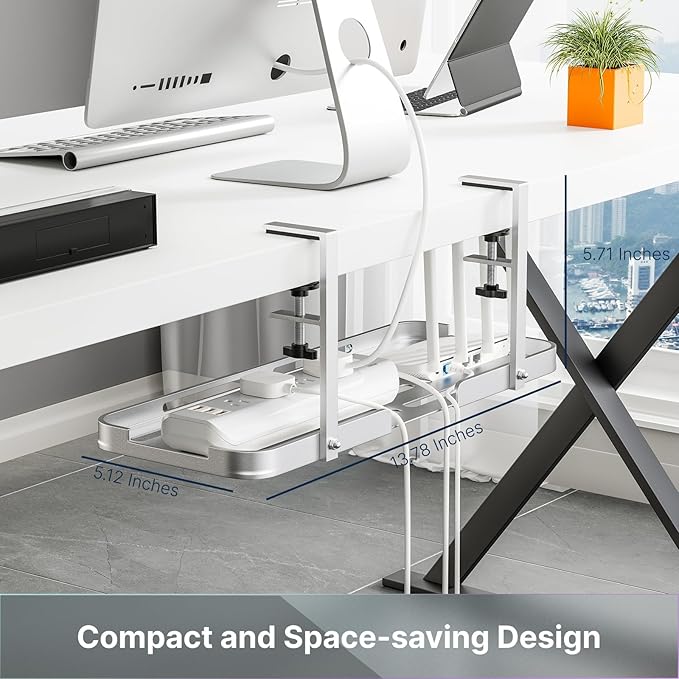 Mavens Under Desk Cable Management Tray, 13.7" No Drill Aluminum Alloy Cord Organizer with Clamps for Wire Management, Cord Organizers for Home Office Standing Desk (Elegant Silver)