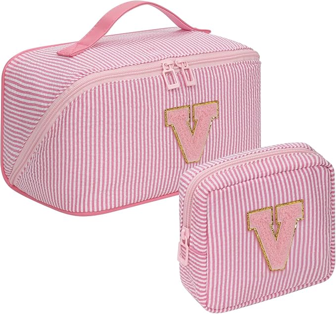 2026 Graduation Gifts - Travel Makeup Bag for Women, 2Pcs Portable Personalized Initial Makeup Organizer Bag, Open Flat Large Cosmetic Bag With Travel Essential Pouch (Pink Letter V)