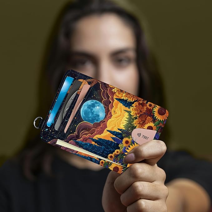 Small Travel Wallets, Starry Sunflowers Cosmic Planet Slim Minimalist Front Pocket Wallet with Wristlet, RFID Blocking PU Leather Credit Card Holder with ID Window Change Purse for Men Women
