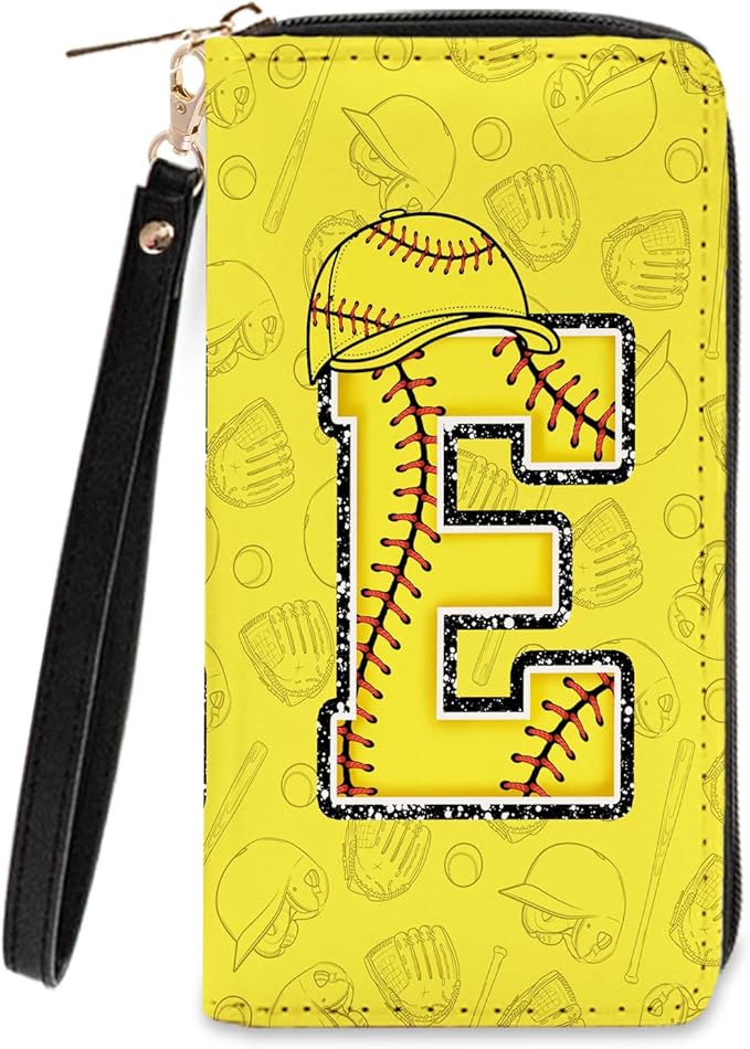 Softball Lovers Gift Womens Wallet - Small Slim PU Leather Letter E Wallet for Women with Zipper Purse, Credit Card Holder Wallets, Wristlet Wallets for Girls Women Player Coach (Letter E Gifts)
