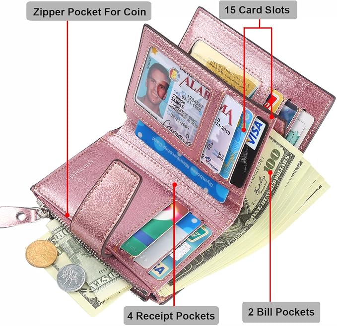Lavemi Small Compact Women Wallet RFID Blocking Genuine Leather Bifold Purse with ID Windows