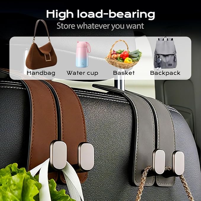 Car Purse Hook, Leather Headrest Hooks for Car, Heavy Duty Car Hooks, Universal Purse Holder for Car Seat, Vehicle Organizer Hanger for Handbag Grocery Bag Backpack Coat (Grey-2sets)