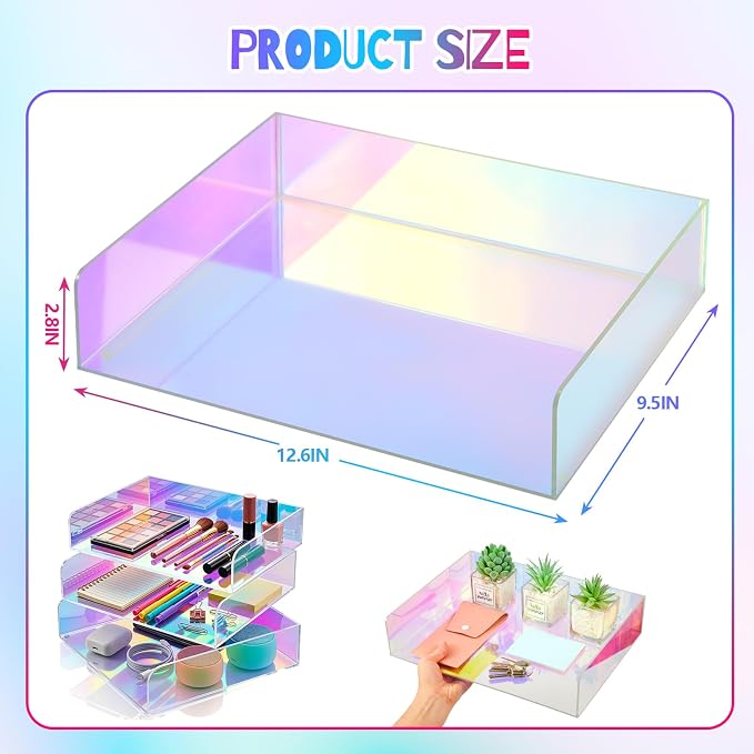 Suzile 3 Pcs Iridescent Acrylic Letter Organizer 12.6 x 9.5 x 2.8 Inches Stackable Iridescent Letter Tray Paper Tray for Desk File Document Folder Notebooks Stationery Office Accessories (Horizontal)