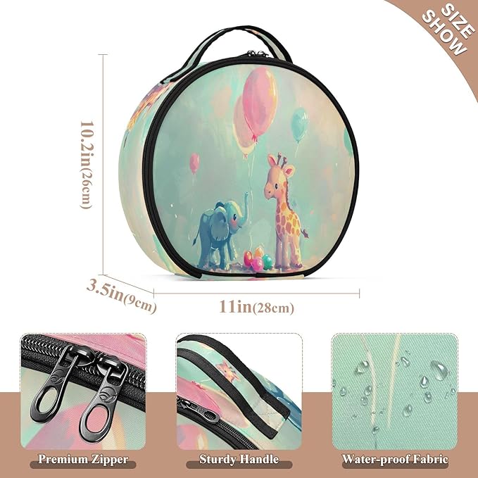 senya Round Cosmetic Pouch Travel Makeup Train Case Elephant Giraffe Makeup Organizer Bag with Adjustable Dividers Portable for Cosmetics Makeup Brushes Toiletry Jewelry Accessories