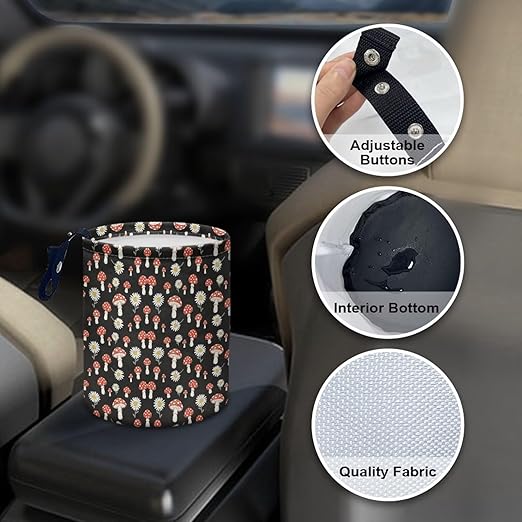 Mushroom Daisy Printed Car Waste Basket Can Universal Waste Basket Bin Waste Auto Basket Can with Adjustable Strap Hanging for Office, Kitchern