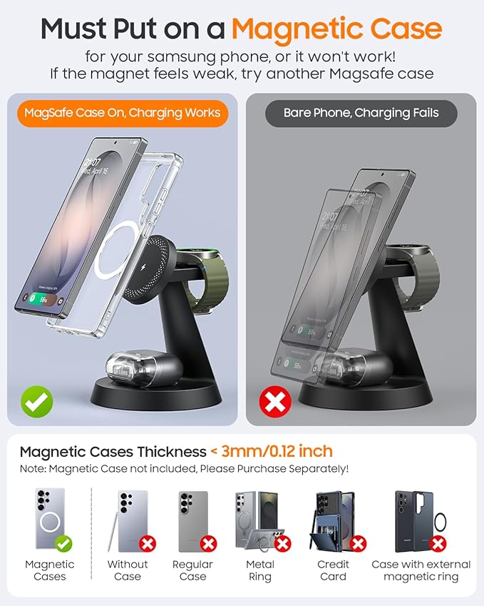 25W Magnetic Wireless Charger for Samsung Galaxy S26 Ultra & 45W Adapter, 3 in 1 Charging Station Design for MagSafe Samsung Charger for S25/Z Fold7, Charger Stand for Galaxy Watch Ultra 8, for Buds