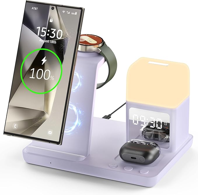 Wireless Charger for Samsung/Android, 6 in 1 Phone Nightstand Charging Station Charger with Alarm Clock/Night Light for Samsung S25/S24/S23 Ultra/Buds3,Watch Charger for Galaxy Watch 8/7/6/5-Purple