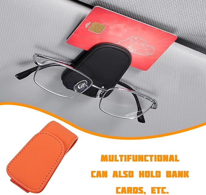 Sunglasses Holder for Car Visor, Microfiber Leather Magnetic Sun Visor Eyeglasses Hanger & Ticket Card Clip, Multi-Function Automotive Interior Glasses Mount, Universal Fit (Orange)