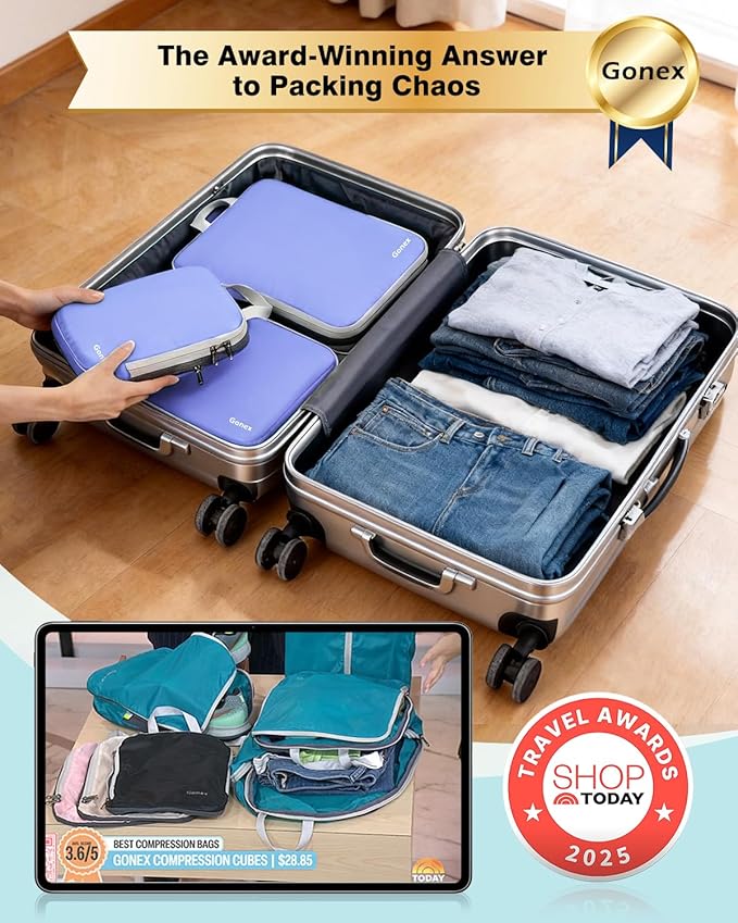Gonex Compression Packing Cubes, 4pcs Expandable Storage Travel Luggage Bags Organizers (Periwinkle)