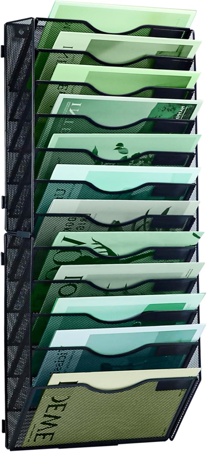12 Tier Mesh Hanging File Organizer Vertical Wall File Organizer Wall File Holder for Office School Home, Black