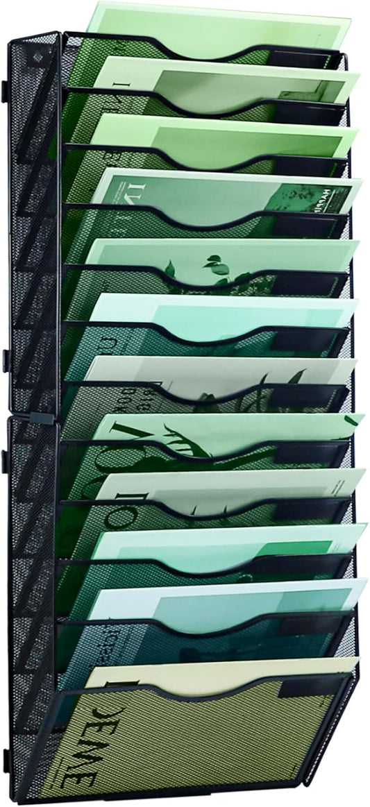 12 Tier Mesh Hanging File Organizer Vertical Wall File Organizer Wall File Holder for Office School Home, Black