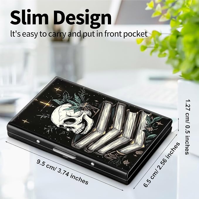 Metal Wallet, Credit Card Holder for Women Men Girls, RFID Blocking Aluminum Wallet Slim Hard Case, Mini Travel Wallet, ID Card Holder Business Card Case,Skull Books