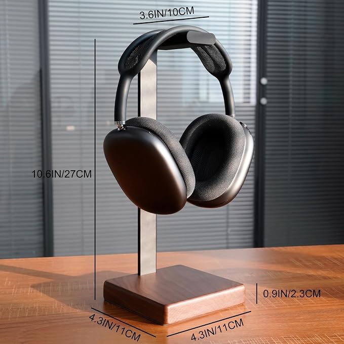 GEVO Headphone Stand Headset Holder - Headset Metal Mount Rack for Desk with Walnut Wooden Square Base for Gaming, AirPod Max, Bose, Sony, Razer, Jabra, JBL