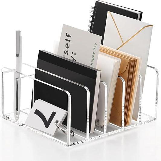 SANRUI Acrylic Mail Organizer, 5 Compartments File Holder for Desk, Letter Sorter with Pen Holder, Clear Countertop Document Sorter for Notebooks, Bills & Eyeshadow Palettes