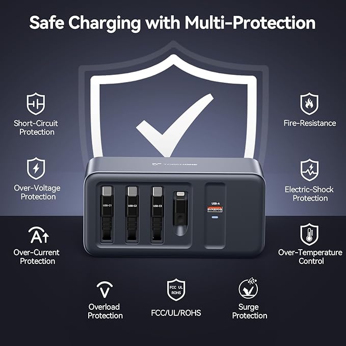 TobenONE 165W USB C Charging Station with Built-in Retractable Cable(2.3ft) & Lightning Adapter, 3 USB C, 1 USB A, 100W Desktop Fast Charging for MacBook, iPhone 17, iPad, Samsung, Home, Office