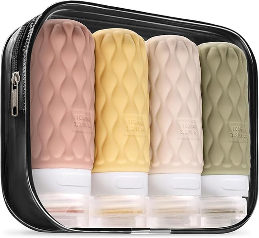 100 ml Silicone Travel Bottles for Toiletries with Labels/Clear Bag, Holiday Travel Essentials Leakproof Refillable Squeeze Travel Size Containers Set for Shampoo and Conditioner