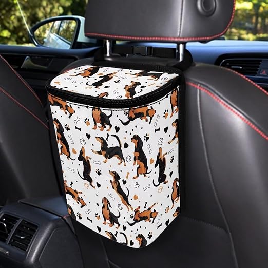 Biyejit Dachshund Dogs Car Trash Can with Lid and Storage Pockets - Leak-Proof Organizer, Waterproof Garbage Can, Multipurpose Trash Bin for Car
