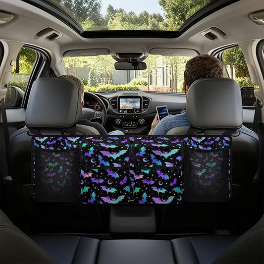 Hanging Car Trunk Organizer Halloween Bats Moon Car Back Seat Storage Bag Auto Cargo Bag Collapsible Auto Interior Accessories for Sedans SUV Jeep Trucks MPV Van