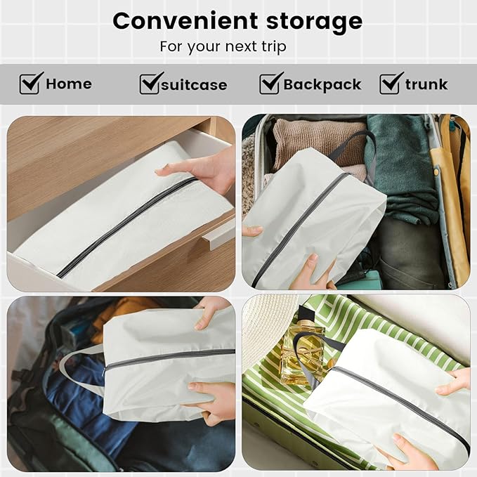 3 Pack Folding Shoe Bags for Travel with Zipper Closure, Waterproof Shoe Storage Bag with Handle, Washable Shoe Organizers Packing Cubes for Gym Women Men (Cream)