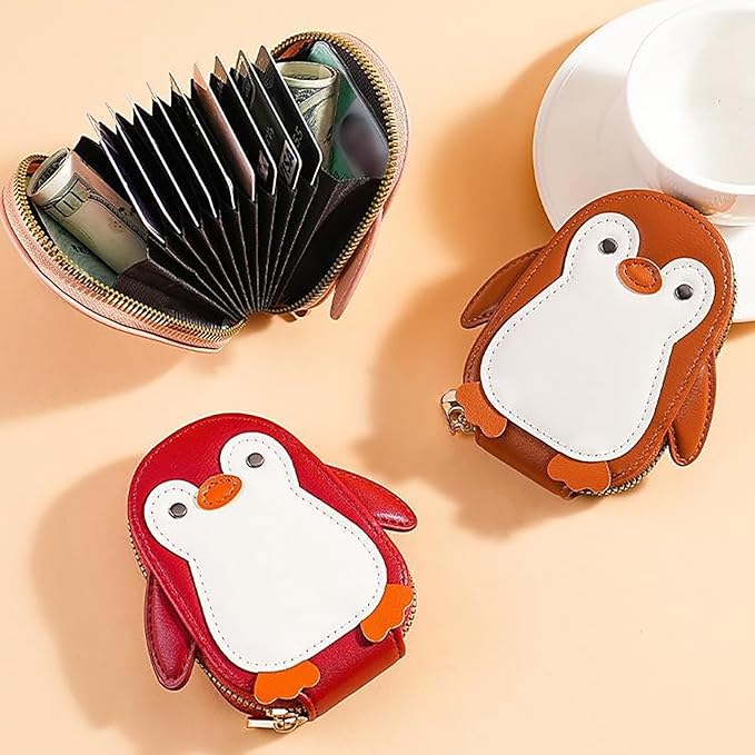 Cute Cartoon Penguin-shaped Coin Purse PU Leather Accordion Card Holder Large Capacity Zippered Money and Card Organizer Portable Mini Coin Purse (red)