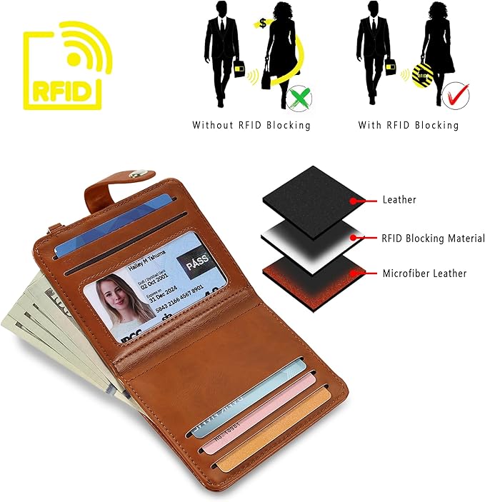Airkit Small Wallets Woman RFID Blocking Leather Credit Card Holder - with ID Window - Card Wallets for Women - with Zipper Coin Purse - Keychain Wallet