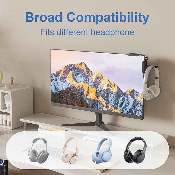 Headphone Holder for Screen, Plastic Headphone Stand, Headset Stand Suitable for AirPods Max, Sony, Bose, Beats and More (black)
