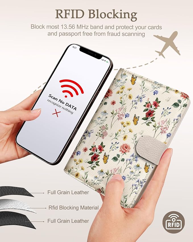 Slohif Passport Wallet Holder Cover for Travel - Women Men RFID Blocking Passport Book Case Protector, Cream Floral Butterfly Leather Personalized Organizer Slim Carrier Boarding Pass Cards Slots