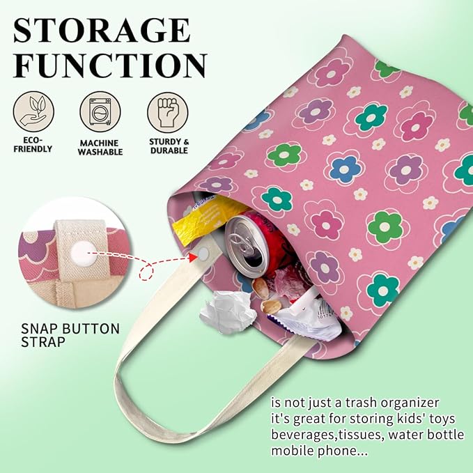 Car Trash Can, Cute Car Trash Bag, Hanging Car Organizer and Storage Bag, Trash Bin for Car Accessories, Vehicle, Travelling, Camping Pink Cute Flowers