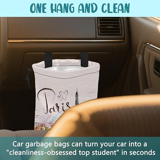 Car Garbage Bag Eiffel Tower Paris Drawstring Car Trash Bag Hanging for Back Seat with Adjustable Buckle Canvas Vehicle Trash Can Easy-to-Install