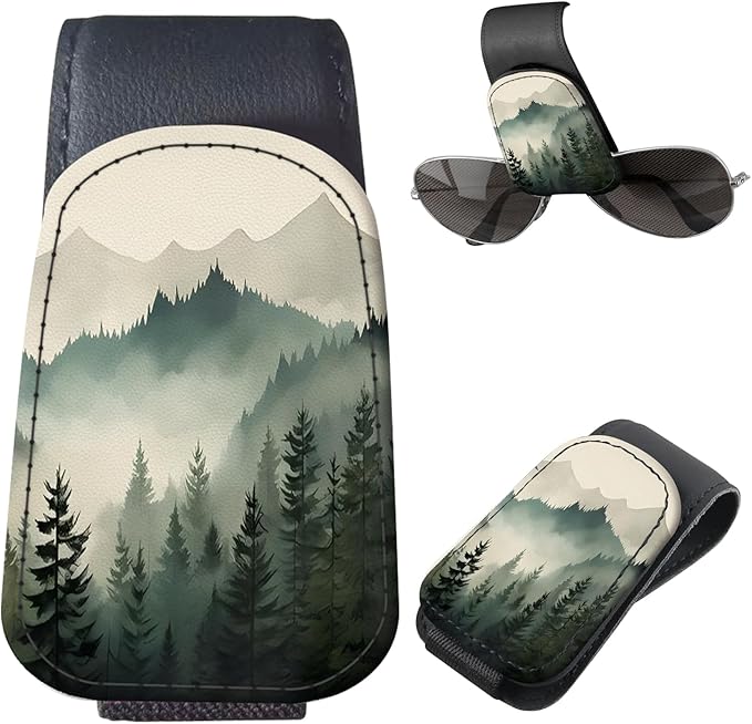 Sunglasses Holder for Car Visor, PU Leather Glasses Clip Organizer, Cute Magnetic Eyeglass Holder for Vehicle Sun Visor, Car Interior Accessory for Women & Men Misty Mountain Forest