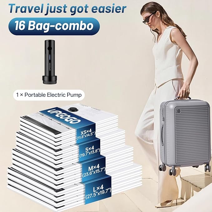 UPGOGO Travel Vacuum Bags for Luggage with Portable Electric Pump,Vacuum Seal Bags for Clothing,Packing Cubes Compression,Cruise Ship and Travel Essentials(Combo 16 Pack)