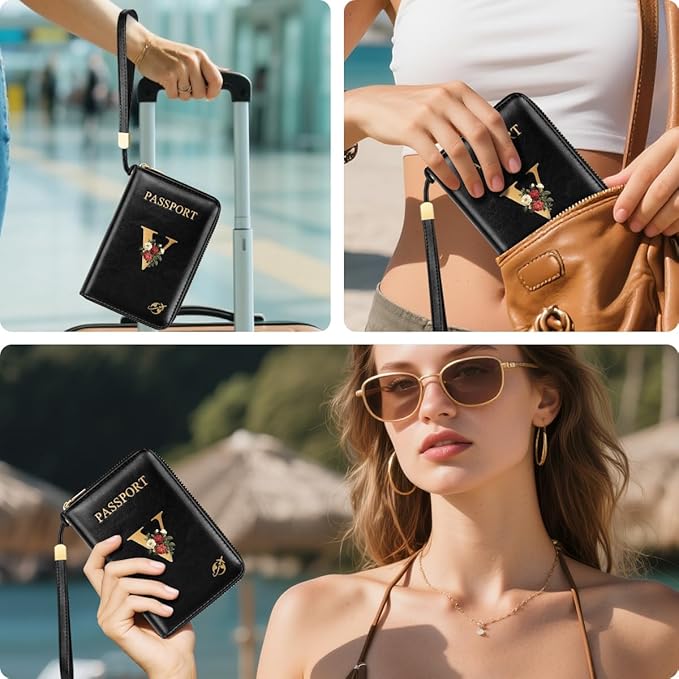 Passport Holder for Travel Wallet Women Zipper Wallets Personalized Passport Holder Cover Initial Letter Rose Flower Passport Book Holders RFID Blocking Credit Card Holder, V