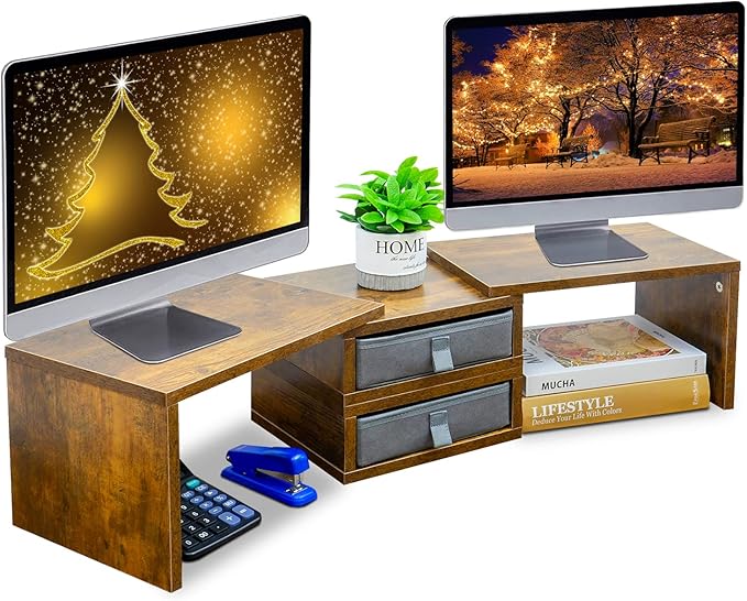 TEAMIX 2 Pack and 2 Drawers Rustic Brown Wood Monitor Stand Riser for 2 Monitors/Laptop/PC, Wood Screen/TV Stand Desk Organizer.
