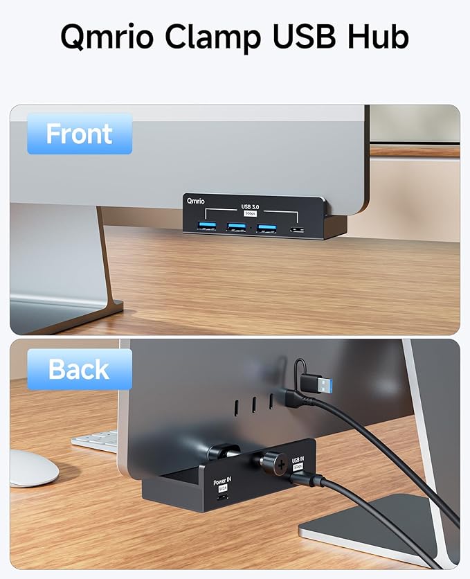 USB Hub 3.0, 5Gbps Clamp USB Hub for Desk/Monitors with Extra Power Supply Port, 3 USB-A Data Ports, USB-C Data Port for iMac Pro/iMac (Black)