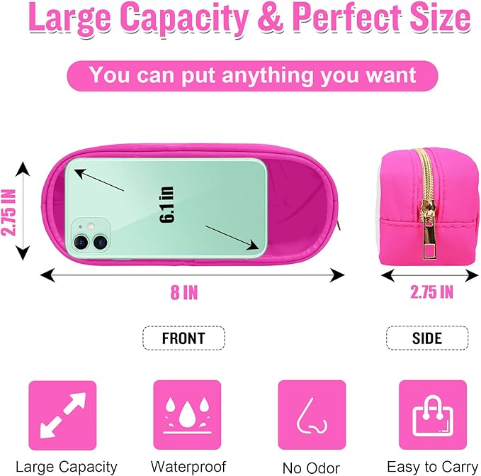 Nylon Small Clear Makeup Bag Slim Pencil Pouch, Cute Pencil Case Makeup Bag Preppy Cosmetic Zipper Pouch for Purse,Travel PVC Toiletry Bag Clutch Coin Pouch Makeup Organizer for Women Girls(Hot Pink)