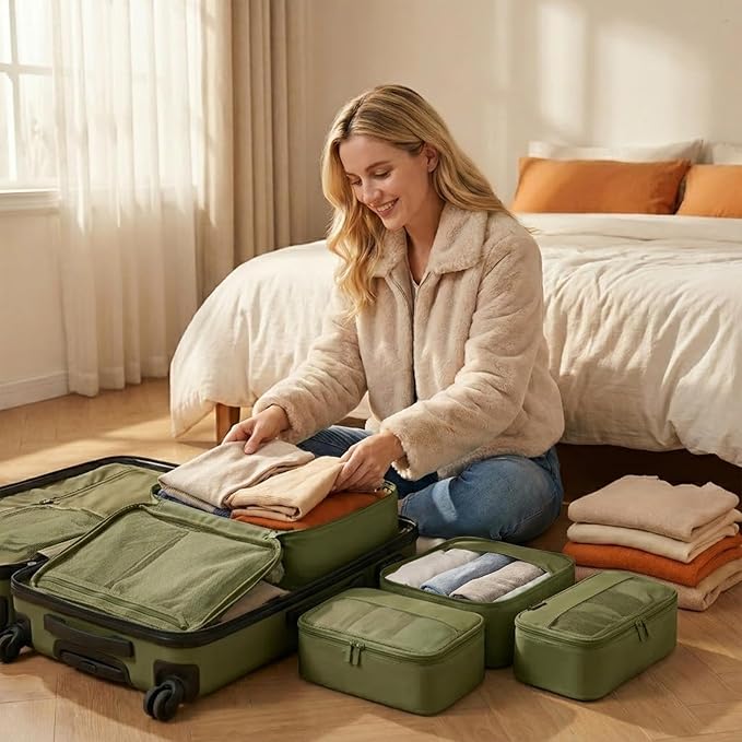 4 Piece Compression Packing Cubes for 3–7 Day Travel, Space Saving Travel Organizers with Breathable Mesh, Double-Zipper Packing Cubes for Carry-On & Suitcases (Green)