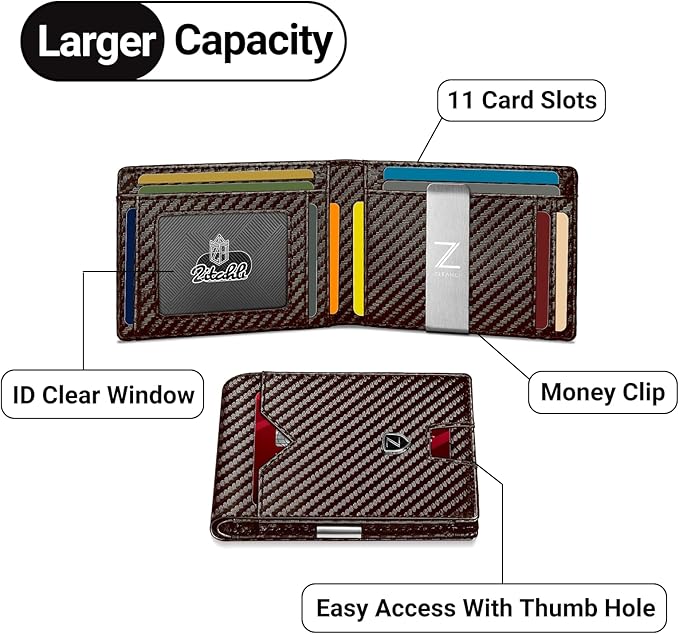 Zitahli Slim Wallet for Men with Money Clip, Minimalist Front Pocket RFID Blocking Leather Wallets Bifold Credit Card Holder, 11 Card Slots and ID Window with Gift Box