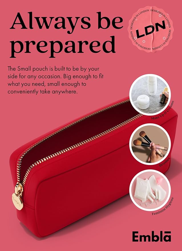 Embla Makeup Bag Travel Cosmetics Pouch and Toiletry Bag, Nylon Zipper Pouch Purse, Cute Make Up Organizer Storage Tote for Women Girls, Waterproof Travel Skincare Case, Small Makeup Bags, Ruby Red