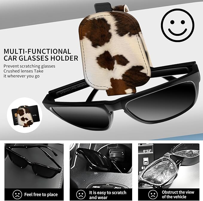 Leather Magnetic Sunglass Holder for Car Sun Visor, Cute Eyeglass Ticket Card Hanger Clip, Universal Auto Interior Accessories for SUV Pickup Truck Brown Cow Print