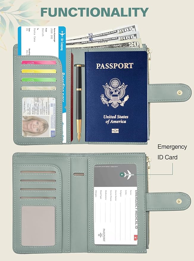 Passport Holder for Travel, Leather Passport Wallet with Airtag Slot, RFID Blocking Travel Wallet for Women Men, Passport Cover with Air Ticket Card Cash Coin Pocket, Travel Essentials Gift
