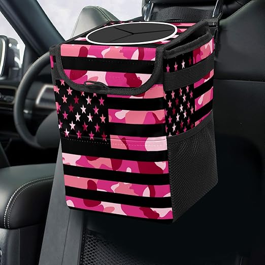 Car Trash Can USA Flag Camouflage Wate-rproof Auto Garbage Bag Car Trash Can with Lid Leak-Proof Car Storage Bag Hanging for Headrest Collapsible and Portable with Storage Mesh Pocket