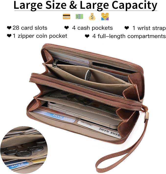 FALAN MULE Wallet for Women RFID Blocking Leather Large Capacity Zip Around Ladies Card Holdr Phone Purse Wristlet