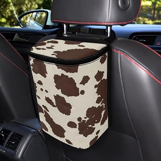 Biyejit Brown Cow Print Car Trash Can Leak Proof Car Trash Bin Collapsible Waterproof Automotive Garbage Can with Lid for SUV Front Seat Car Accessories Interior Car Organizer