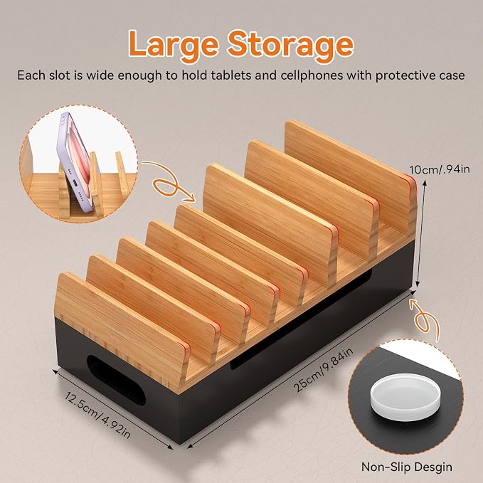 Bamboo Charging Station with Watch Stand, Docking Holder for Multi Device with 5 Charge Cables, Desktop Dock Stations Electronic Organizer for Cellphone, Tablet, Watch(No USB Charger)-Natural + Black
