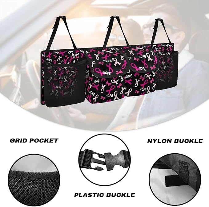 Pink Ribbons Car Trunk Organizer Hanging Car Back Seat Storage Bag Auto Cargo Bag Automotive interior Accessories for Most Sedans SUV Jeep Trucks MPV Van
