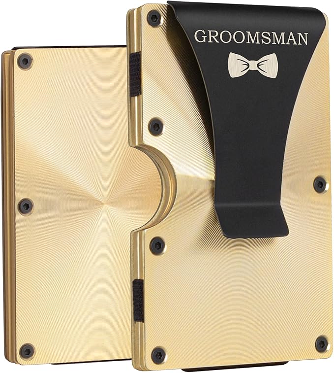awofer Personalized Groomsmen Gifts Wallets Set Custom Gift for Groomsman Gold Aluminum Metal Wallet with Money Clip Engraved Wallet to Groomsmen Elegant Gifts Card Holder