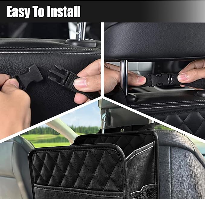 Foldable Car Seat Back Organizer, Large Capacity Hanging Car Backseat Storage Bag with Cup Holders, PU Leather Waterproof Car Trash Bag Can, Car Travel Accessories for Most Vehicles (1PC)
