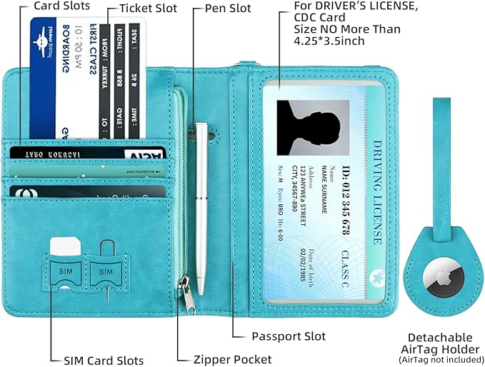 WALNEW AirTag Passport Holder, PU Leather Airtag Wallet RFID Blocking Passport Cover Travel Essentials Case for Women Men (Light Blue)