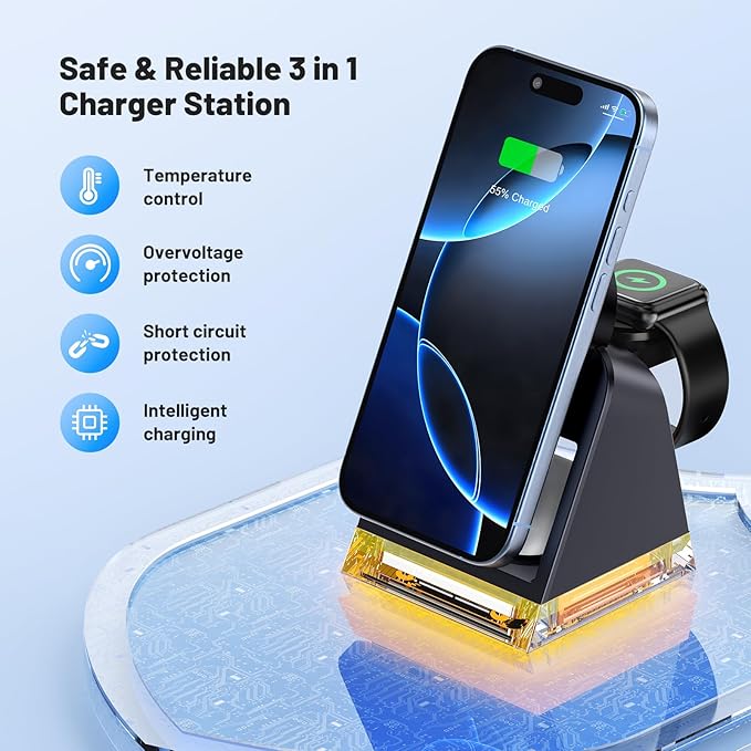 3 in 1 Fast Charging Station for Multiple Apple Devices, Portable Wireless Charger Stand with Magsafe,Magnetic Travel Charge Dock for iPhone 16e/15 Pro Max/14 Plus/13 Mini/12/Apple Watch Ultra/AirPods